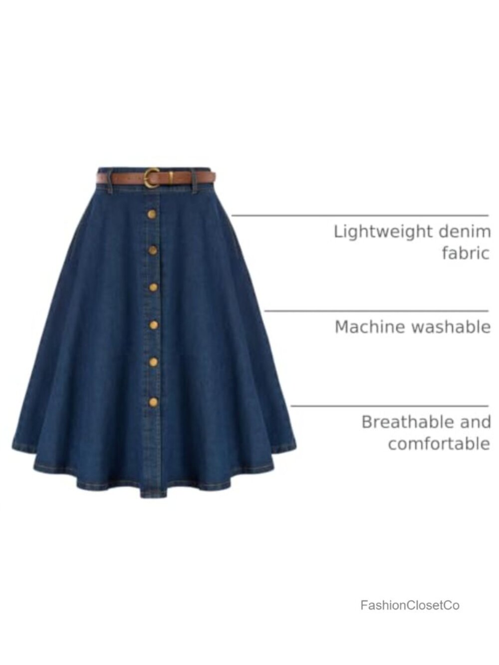 Denim Midi Skirt High Waist A-Line Vintage Below Knee Pockets Belt - Picture 3 of 6